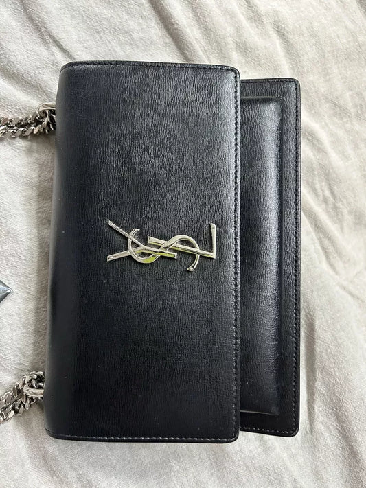 YSL Saint Laurent Sunset Shoulder Bag Medium Black Leather💜🍇