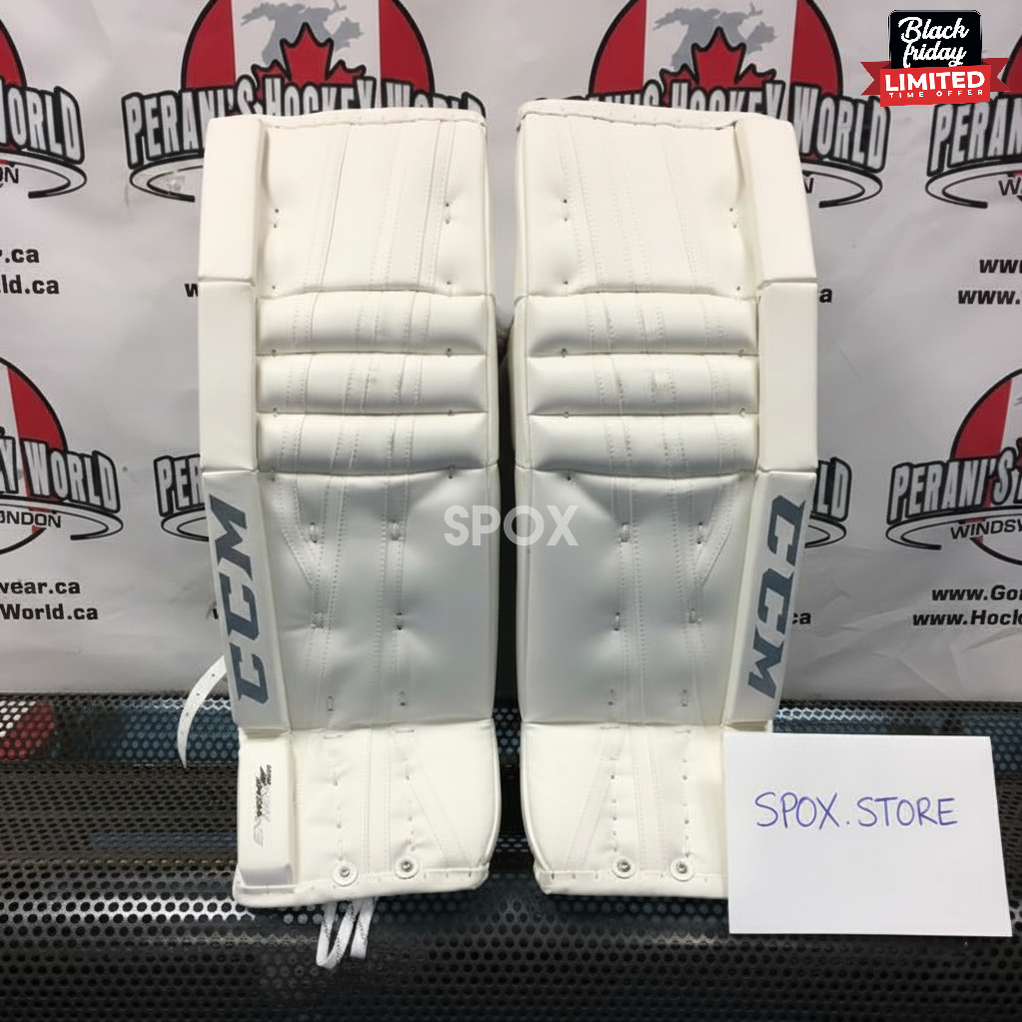 CCM EFlex 860 Intermediate Goalie Pads – 31+1” | White/Silver (NEW)