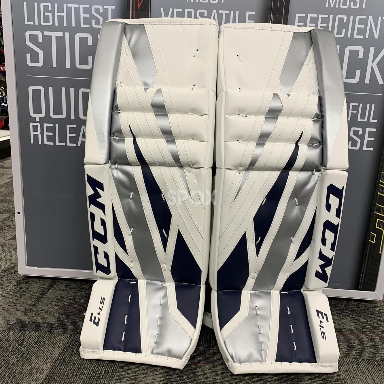 CCM Extreme Flex E4.5 Senior Goalie Pads | White/Silver/Navy 🏒🥅