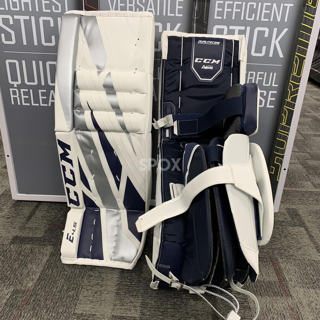CCM Extreme Flex E4.5 Senior Goalie Pads | White/Silver/Navy 🏒🥅