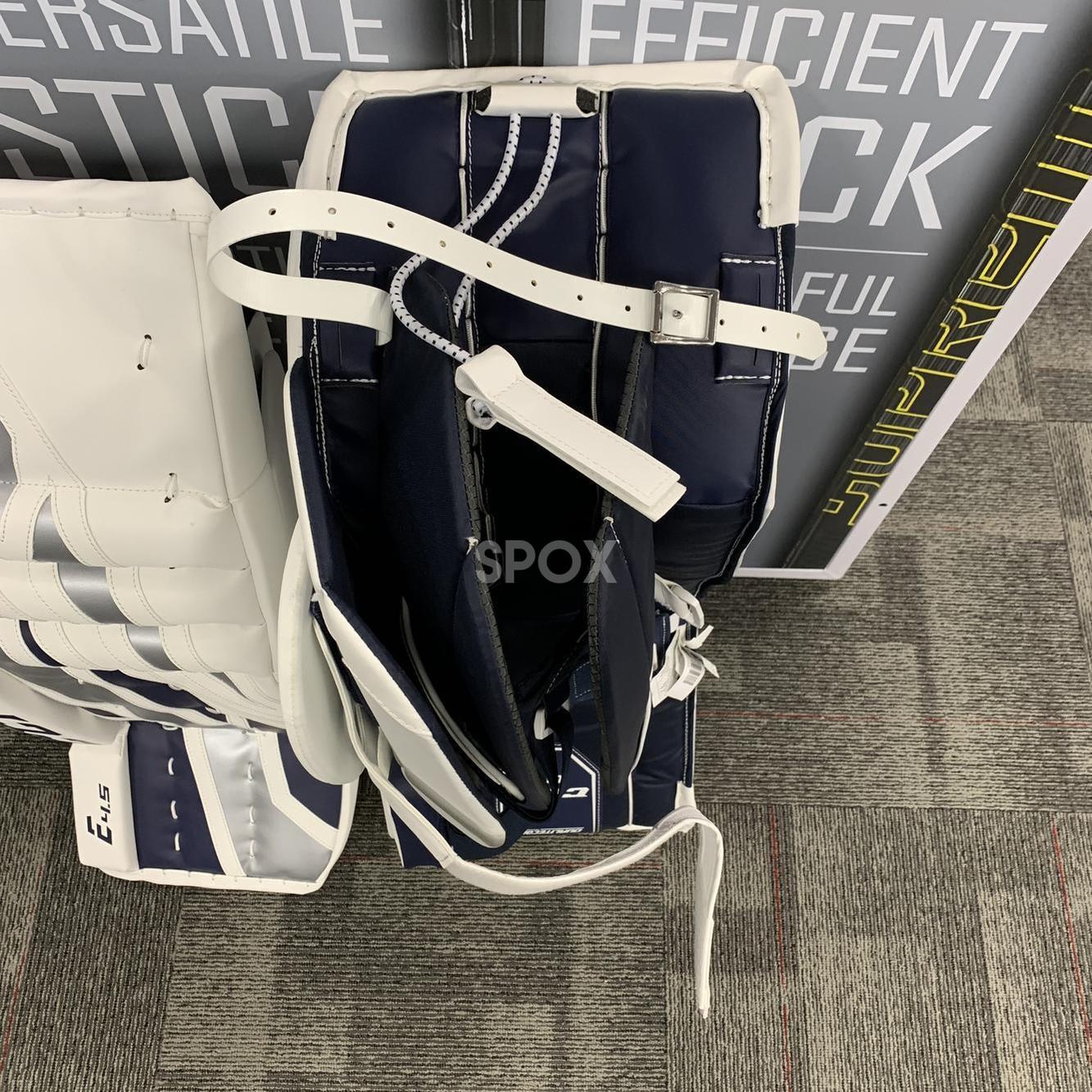 CCM Extreme Flex E4.5 Senior Goalie Pads | White/Silver/Navy 🏒🥅