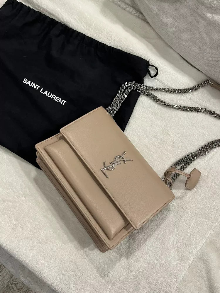 Authentic YSL Saint Laurent Sunset Chained Medium Shoulder Bag Beige💜🍇