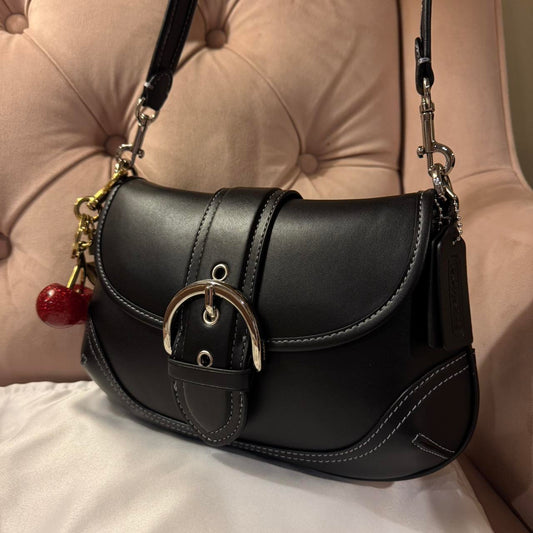 Coach Soho Flap Bag in Black Leather with Cherry Charm NEW