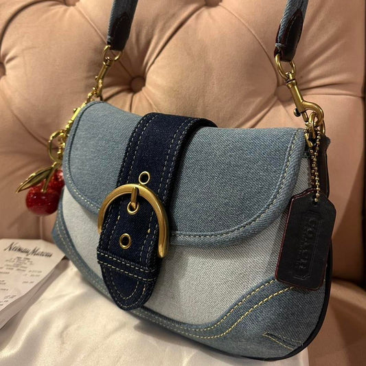 Coach Soho Flap Bag in Repurposed Denim with Cherry Charm NEW