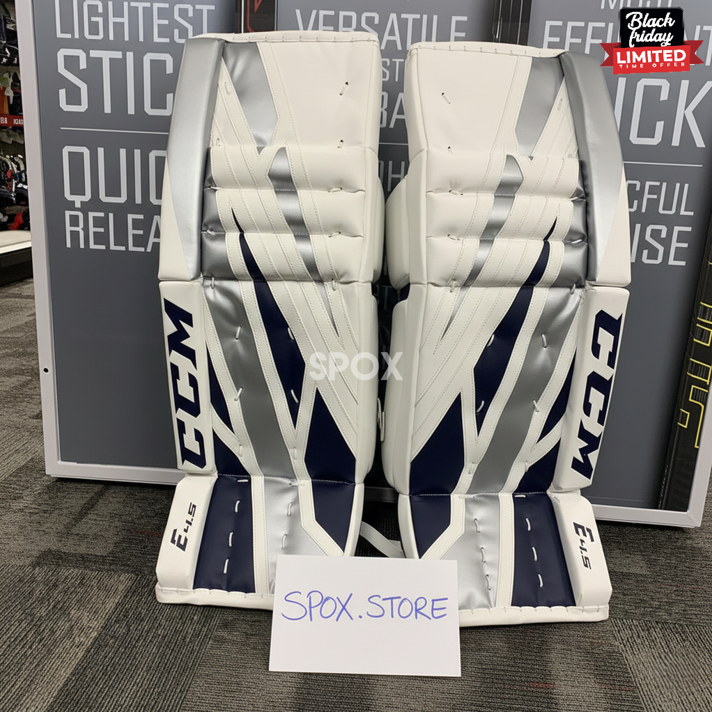 CCM Extreme Flex E4.5 Senior Goalie Pads | White/Silver/Navy 🏒🥅