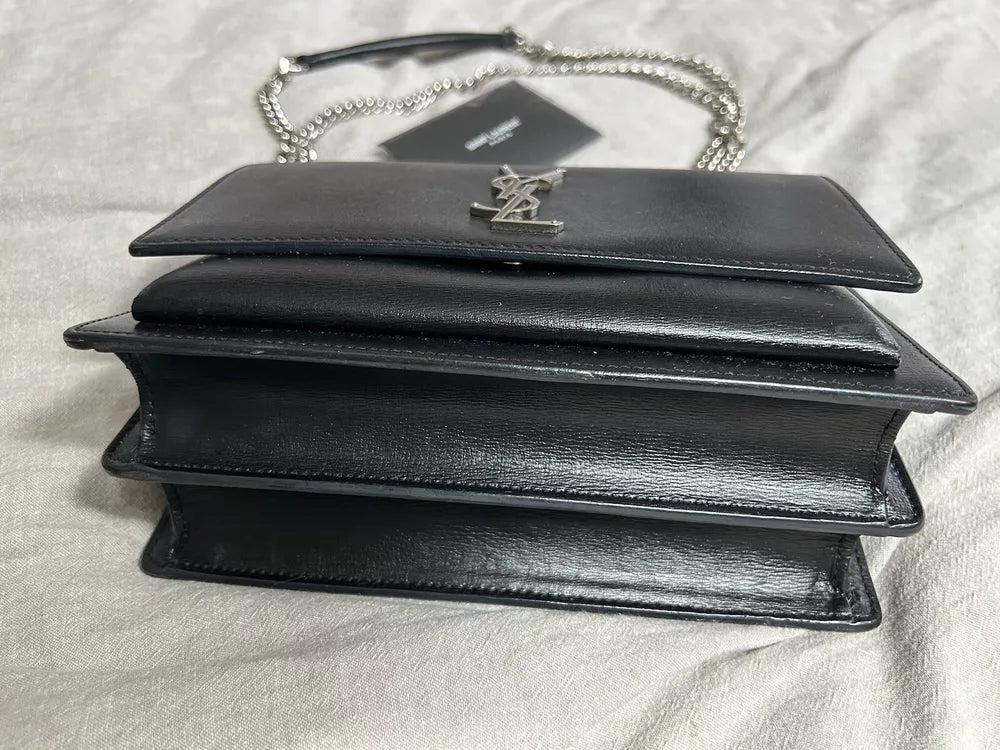 YSL Saint Laurent Sunset Shoulder Bag Medium Black Leather💜🍇