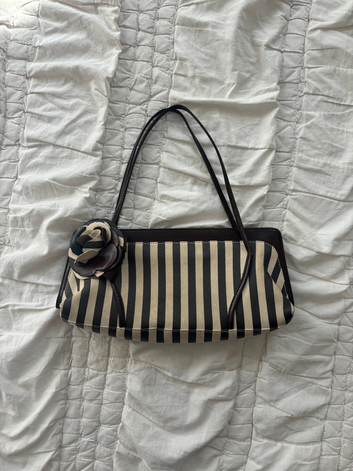 Moschino Vintage Brown Leather Striped Bag Floral Detail🤍🗻