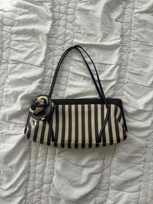 Moschino Vintage Brown Leather Striped Bag Floral Detail🤍🗻